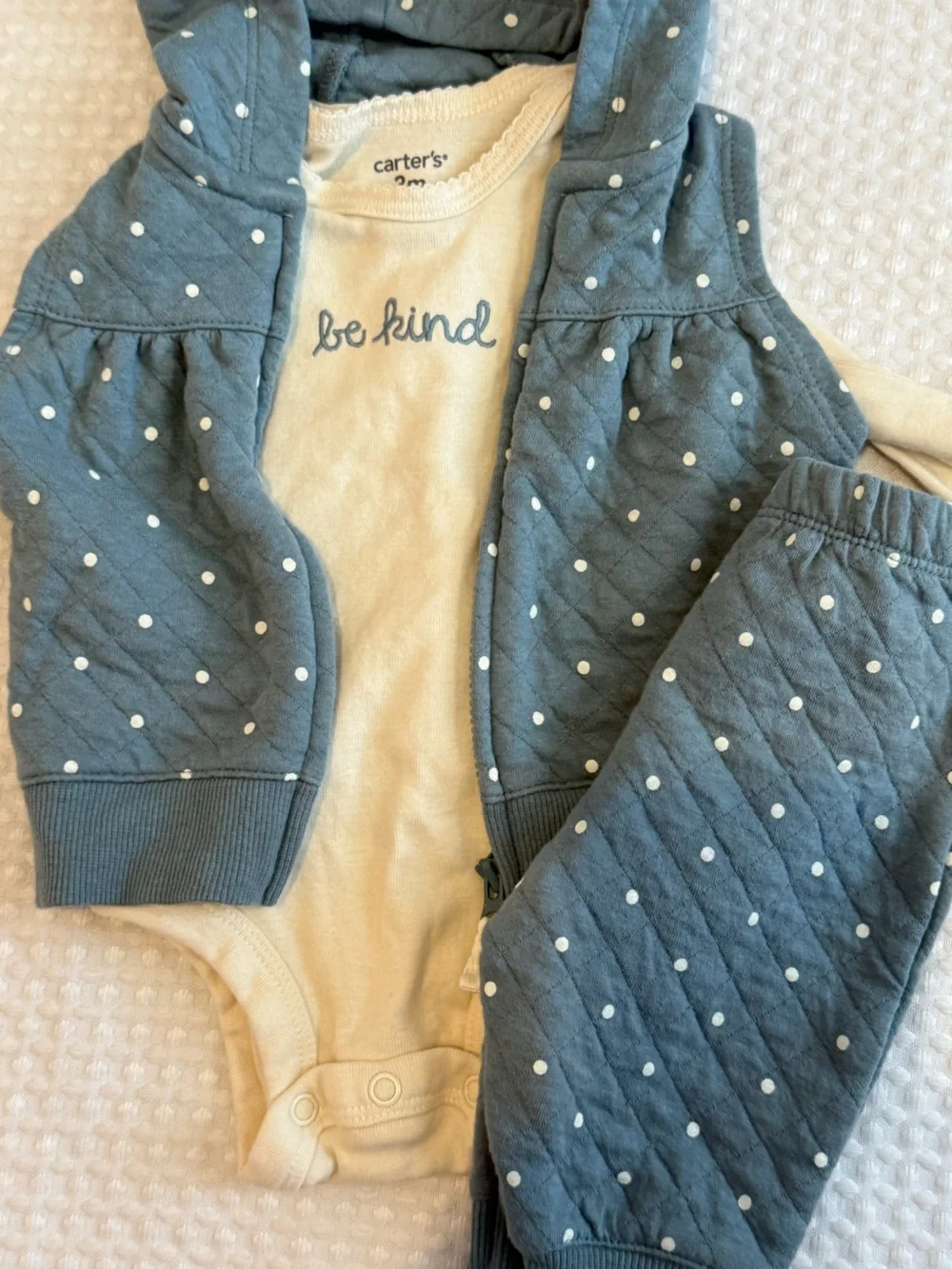 Carter's Cream Bodysuit with Blue Quilted Dot Hooded Vest & Pants 3n